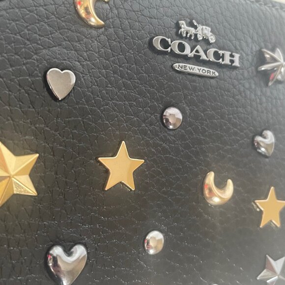 Coach Corner Zip Wristlet CCJ75 Black Leather Moon Stars Hearts Rivets Wallet - Picture 7 of 11